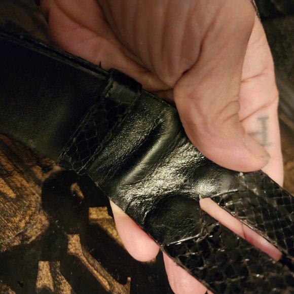 Vintage 70s 80s Judith Leiber Black Snakeskin Expandable Belt Gold Buckle - Picture 3 of 14